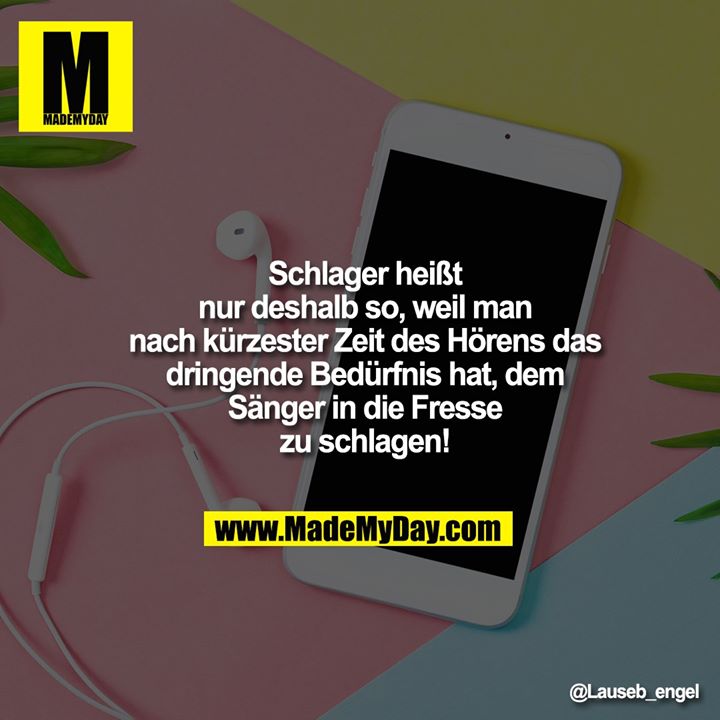 Schlager heißt nur<br />
deshalb so, weil man<br />
nach kürzester Zeit des<br />
Hörens das dringende<br />
Bedürfnis hat, dem<br />
Sänger in die Fresse<br />
zu schlagen!