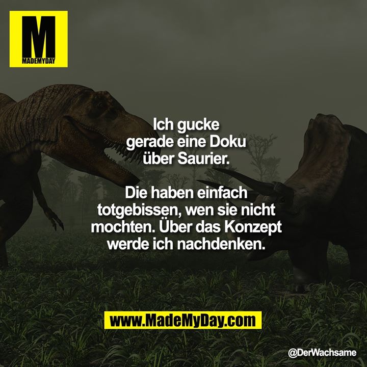Ich gucke gerade eine Doku<br />
über Saurier. Die haben einfach<br />
totgebissen, wen sie nicht<br />
mochten. Über das Konzept<br />
werde ich nachdenken.