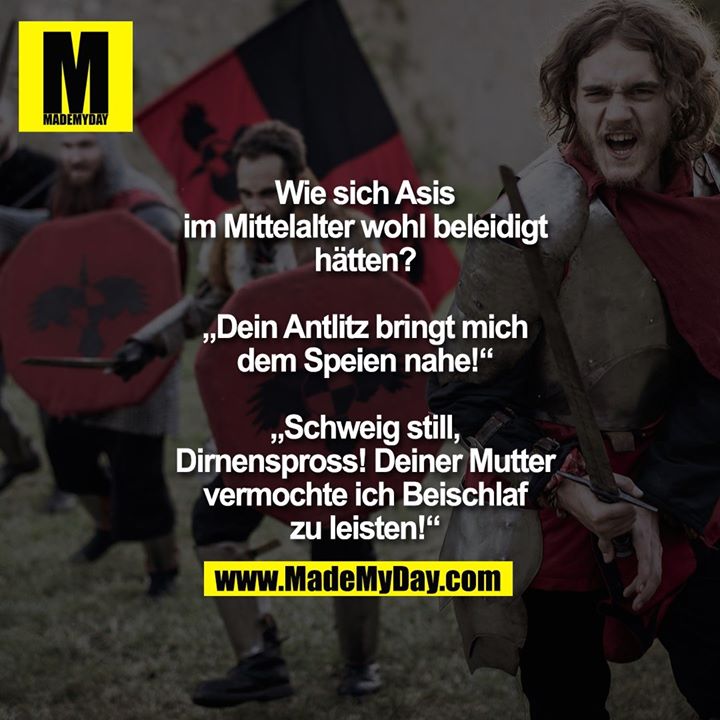 Wie sich Asis im Mittelalter<br />
wohl beleidigt hätten?<br />
„Dein Antlitz bringt mich<br />
dem Speien nahe!“<br />
„Schweig still, Dirnenspross!<br />
Deiner Mutter vermochte<br />
ich Beischlaf zu leisten!“