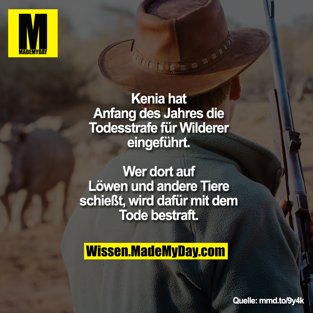 Kenia hat Anfang des Jahres die Todesstrafe für Wilderer eingeführt.<br />
Wer dort auf Löwen und andere Tiere schießt, wird dafür mit dem Tode bestraft.