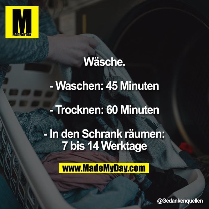 Wäsche.<br />
- Waschen: 45 Minuten<br />
- Trocknen: 60 Minuten<br />
- In den Schrank räumen:<br />
7 bis 14 Werktage