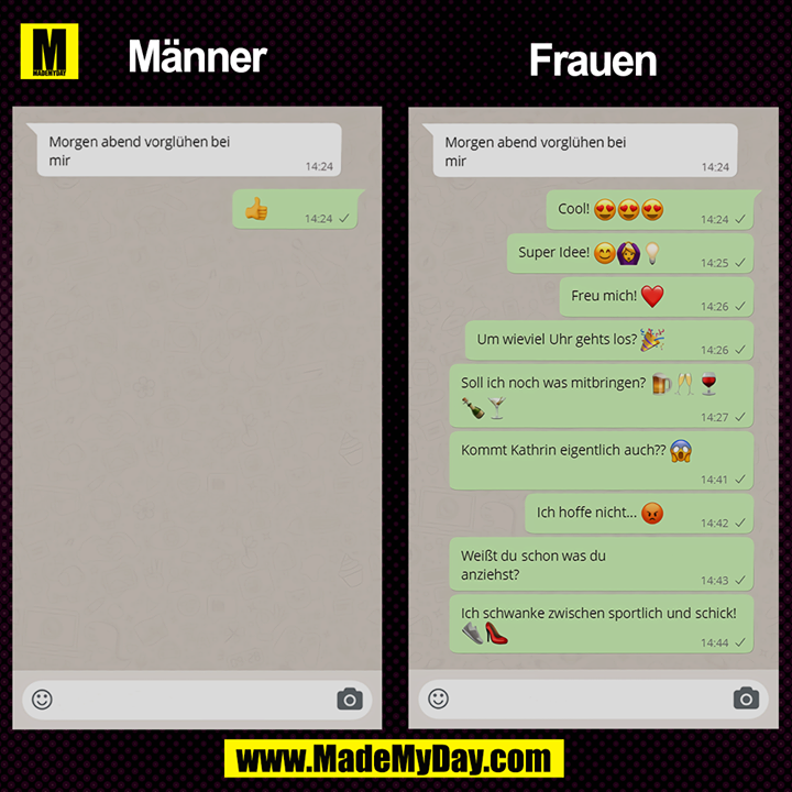 Männer:<br />
Morgen abend vorglühen bei mir<br />
Frauen:<br />
Morgen abend vorglühen bei mir.<br />
Cool! Super Idee! Freu mich! Um wieviel Uhr gehts los? Soll ich noch was mitbringen? Kommt Kathrin eigentlich auch? Ich hoffen nicht... Weißt du schon was du anziehst? Ich schwanke zwischen sportlich und schick!