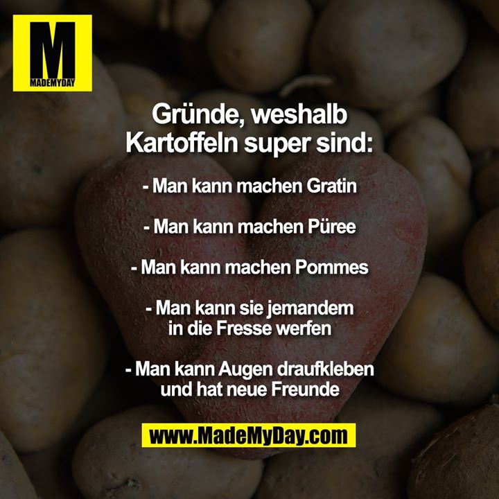 Gründe, weshalb Kartoffeln super sind:<br />
<br />
- Man kann machen Gratin<br />
- Man kann machen Püree<br />
- Man kann machen Pommes<br />
- Man kann sie jemandem in die Fresse werfen<br />
- Man kann Augen draufkleben und hat neue Freunde