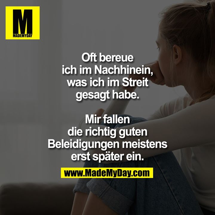 Oft bereue ich im Nachhinein, was ich im Streit gesagt habe.<br />
<br />
Mir fallen die richtig guten Beleidigungen meistens erst später ein.