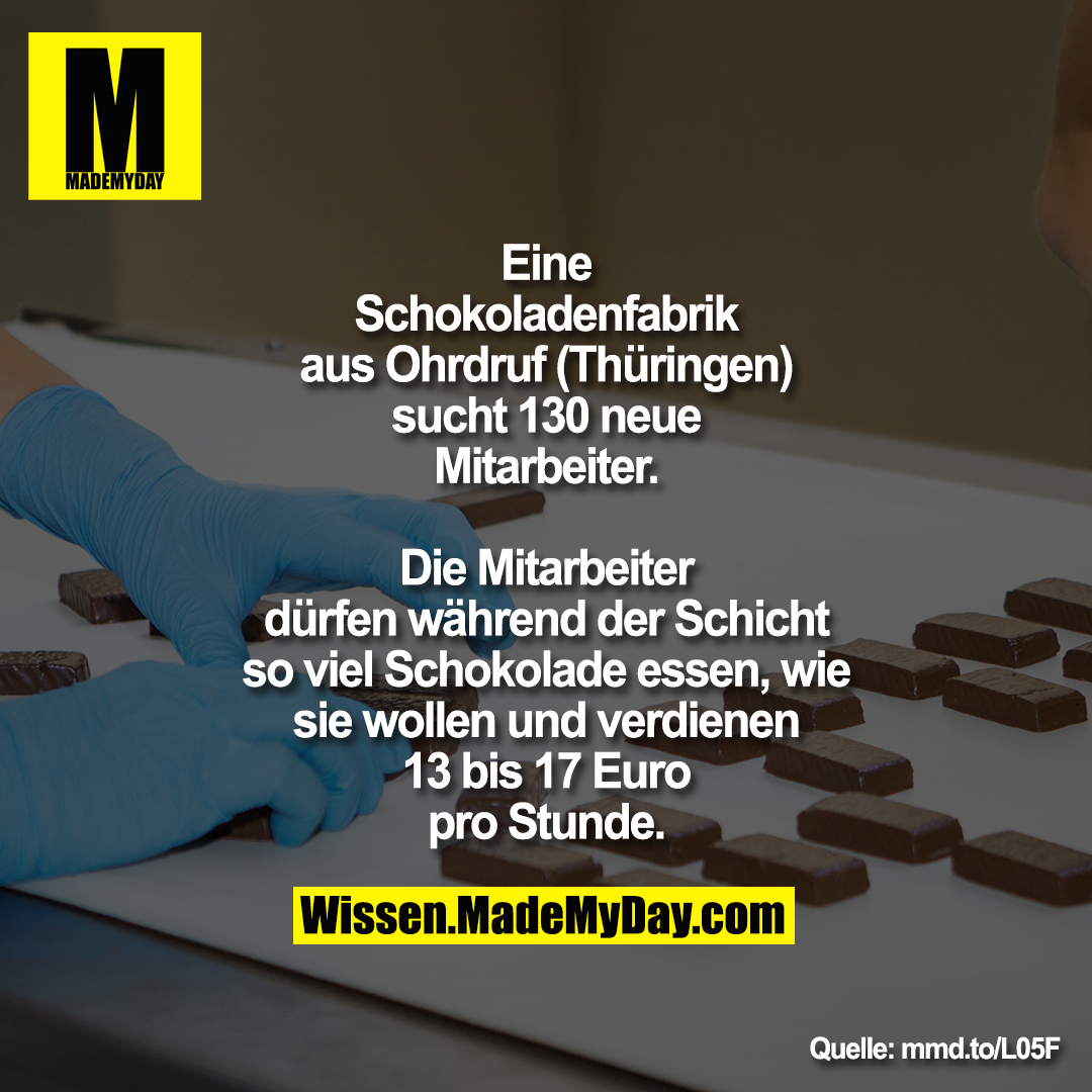 Eine Schokoladenfabrik aus Ohrdruf (Thüringen) sucht 130 neue Mitarbeiter. Die Mitarbeiter dürfen während der Schicht so viel Schokolade essen, wie sie wollen und verdienen 13 bis 17 Euro pro Stunde.