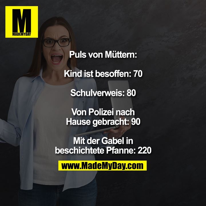 Puls von Müttern:<br />
<br />
Kind ist besoffen: 70<br />
<br />
Schulverweis: 80<br />
<br />
Von Polizei nach Hause gebracht: 90<br />
<br />
Mit der Gabel in beschichtete Pfanne: 220