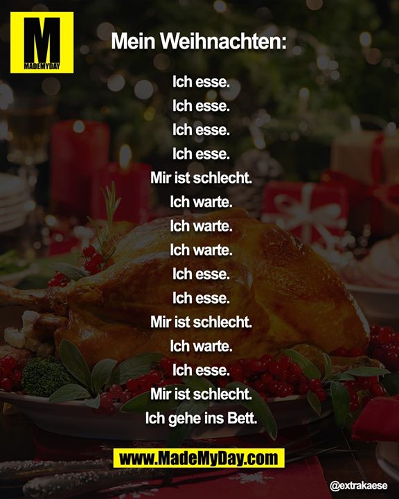 Mein Weihnachten:<br />
<br />
Ich esse.<br />
Ich esse.<br />
Ich esse.<br />
Ich esse.<br />
Mir ist schlecht.<br />
Ich warte.<br />
Ich warte.<br />
Ich warte.<br />
Ich esse.<br />
Ich esse.<br />
Mir ist schlecht.<br />
Ich warte.<br />
Ich esse.<br />
Mir ist schlecht.<br />
Ich gehe ins Bett.