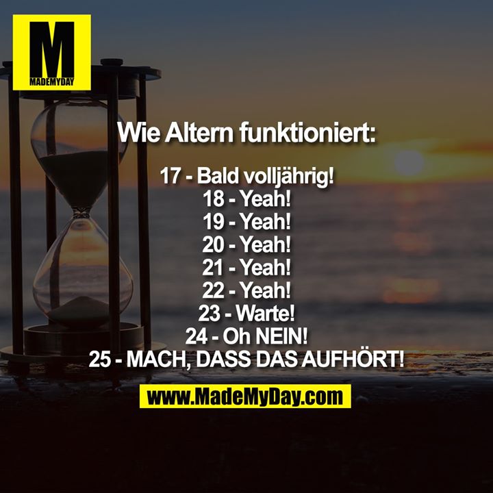Wie Altern funktioniert:<br />
<br />
17 - Bald volljährig!<br />
18 - Yeah!<br />
19 - Yeah!<br />
20 - Yeah!<br />
21 - Yeah!<br />
22 - Yeah!<br />
23 - Warte!<br />
24 - Oh NEIN!<br />
25 - MACH, DASS DAS AUFHÖRT!