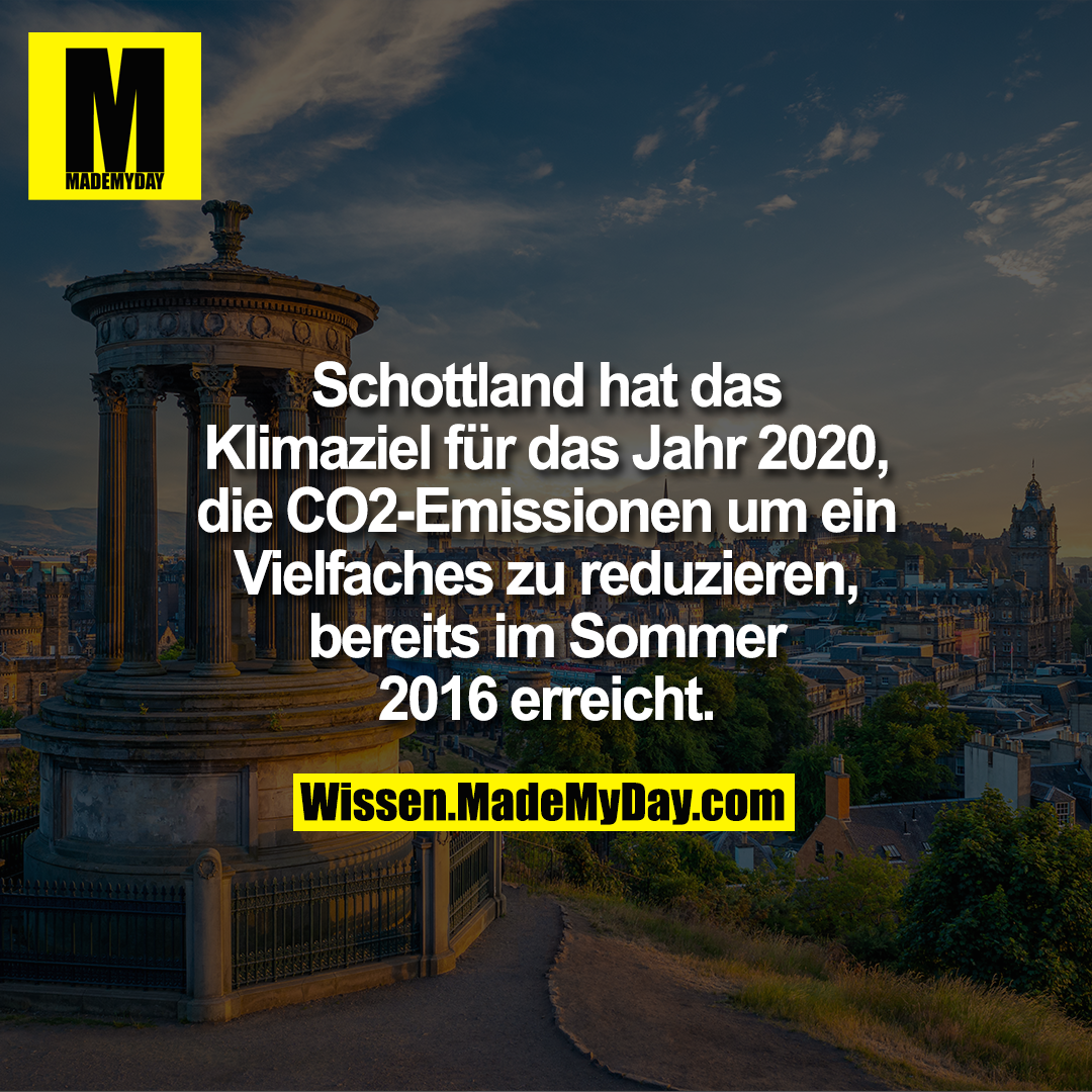 Schottland hat das Klimaziel für das Jahr 2020, die CO2-Emissionen um ein Vielfaches zu reduzieren, bereits im Sommer 2016 erreicht.