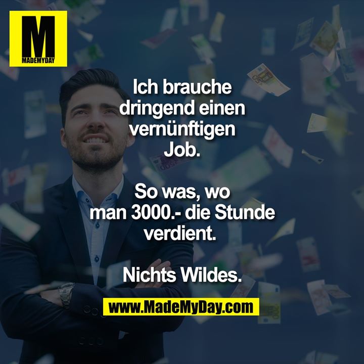 Ich brauche dringend einen vernünftigen Job. So was wo man 3000.- die Stunde verdient. <br />
Nichts Wildes.