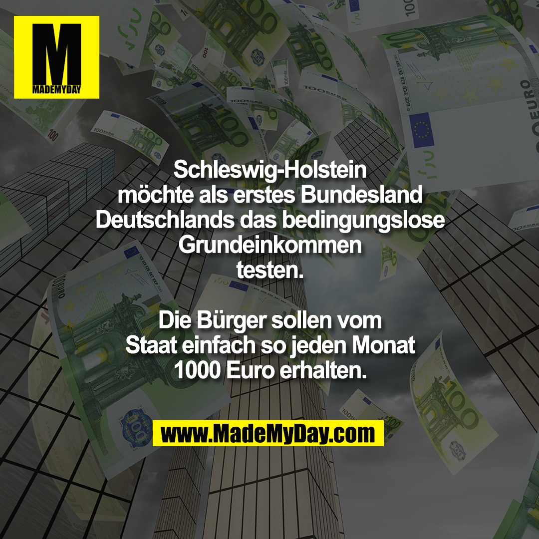 Schleswig-Holstein möchte als erstes Bundesland Deutschlands das bedingungslose Grundeinkommen testen. Die Bürger sollen vom Staat einfach so jeden Monat 1000 Euro erhalten.