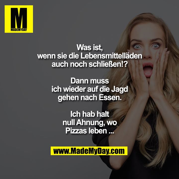 Was ist, wenn sie die Lebensmittelläden auch noch schließen!?<br />
<br />
Dann muss ich wieder auf die Jagd gehen nach Essen.<br />
<br />
Ich hab halt null Ahnung, wo Pizzas leben ...