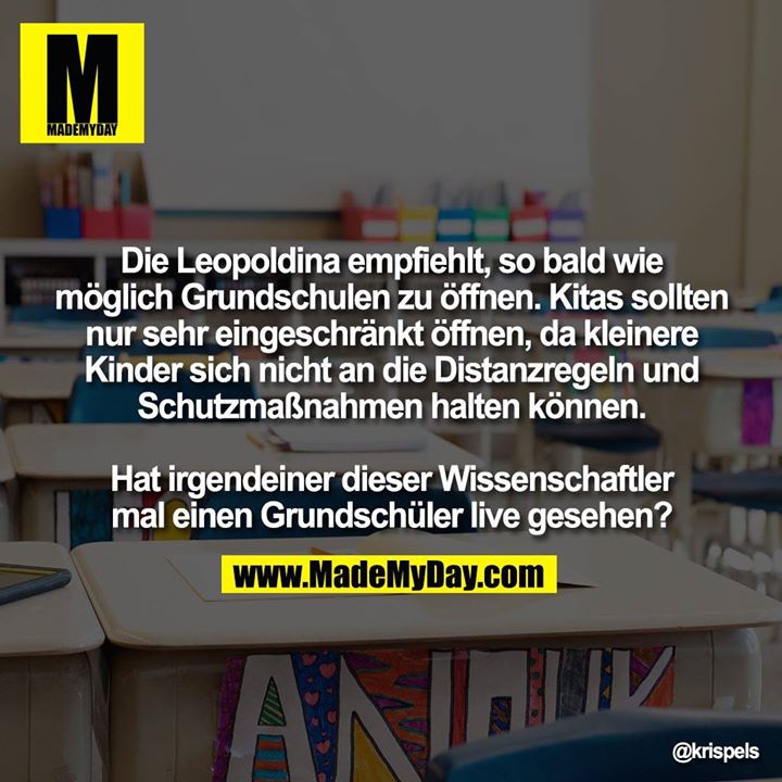 Die Leopoldina empfiehlt, so bald wie möglich Grundschulen zu öffnen. Kitas sollten nur sehr eingeschränkt öffnen, da kleinere Kinder sich nicht an die Distanzregeln und Schutzmaßnahmen halten können.<br />
<br />
Hat irgendeiner dieser Wissenschaftler mal einen Grundschüler live gesehen?
