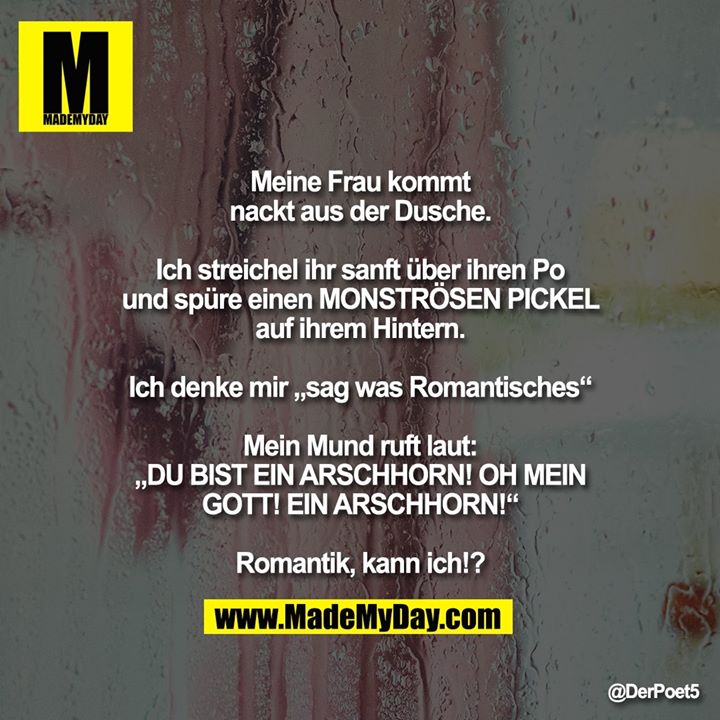Meine Frau kommt nackisch aus der Dusche.<br />
<br />
Ich streichel ihr sanft über ihren Po und spüre einen MONSTRÖSEN PICKEL auf ihrem Hintern.<br />
<br />
Ich denke mir „sag was Romantisches“<br />
<br />
Mein Mund ruft laut:<br />
<br />
„DU BIST EIN ARSCHHORN! OH MEIN GOTT! EIN ARSCHHORN!“<br />
<br />
Romantik, kann ich!?