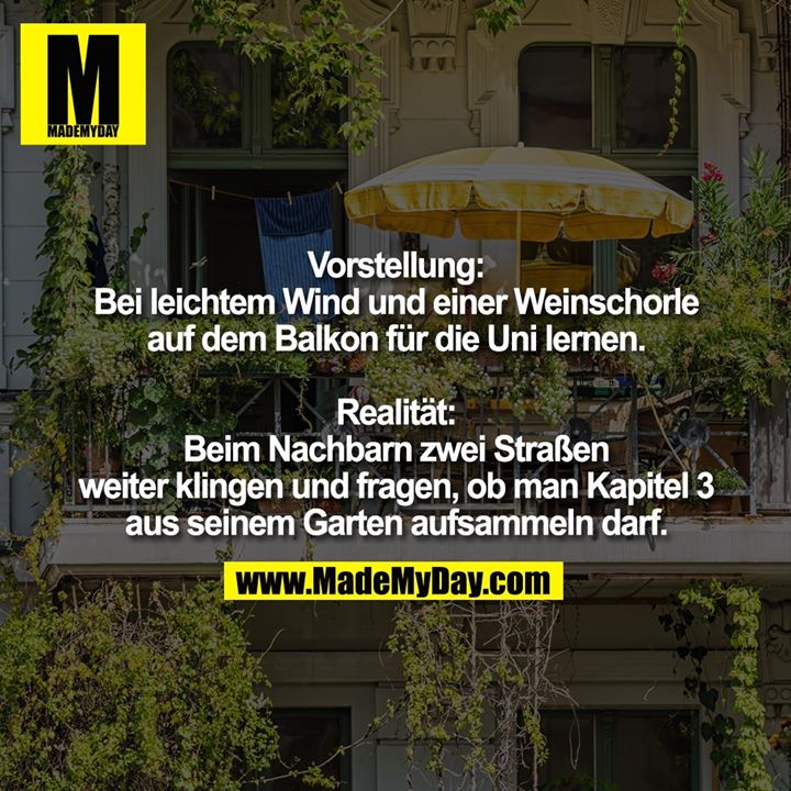 Vorstellung:<br />
Bei leichtem Wind und einer Weinschorle auf dem Balkon für die Uni lernen<br />
<br />
Realität:<br />
Beim Nachbarn zwei Straßen weiter klingen und fragen, ob man Kapitel 3 aus seinem Garten aufsammeln darf