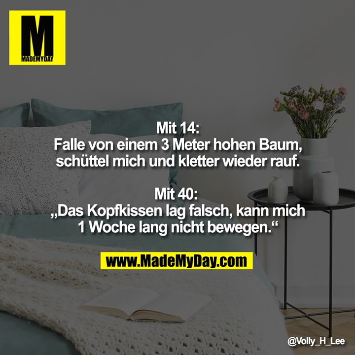 Mit 14:<br />
Falle von einem 3 Meter hohen Baum, schüttel mich und kletter wieder rauf.<br />
 <br />
Mit 40: <br />
„Das Kopfkissen lag falsch, kann mich 1 Woche lang nicht bewegen.“"