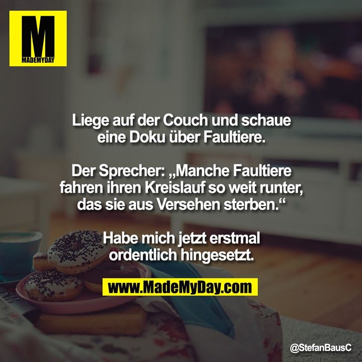 Liege auf der Couch und schaue eine Doku über Faultiere.<br />
<br />
Der Sprecher: „Manche Faultiere fahren ihren Kreislauf so weit runter,<br />
das sie aus Versehen sterben.“<br />
<br />
Habe mich jetzt erstmal<br />
ordentlich hingesetzt.