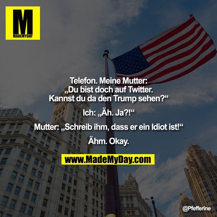 Telefon. Meine Mutter:<br />
„Du bist doch auf Twitter.<br />
Kannst du da den Trump sehen?“<br />
<br />
Ich: „Äh. Ja?!“<br />
<br />
Mutter: „Schreib ihm, dass er ein Idiot ist!“<br />
<br />
Ähm. Okay.