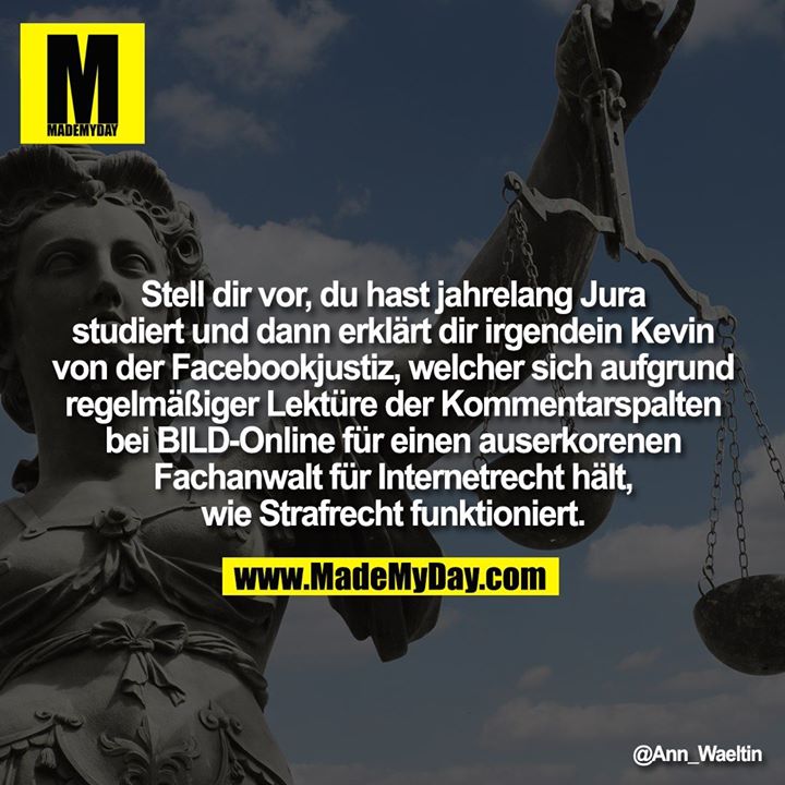 Stell dir vor, du hast jahrelang Jura studiert und dann erklärt dir irgendein Kevin von der Facebookjustiz, welcher sich aufgrund regelmässiger Lektüre der Kommentarspalten bei BILD-Online für einen auserkorenen Fachanwalt für Internetrecht hält, wie Strafrecht funktioniert.