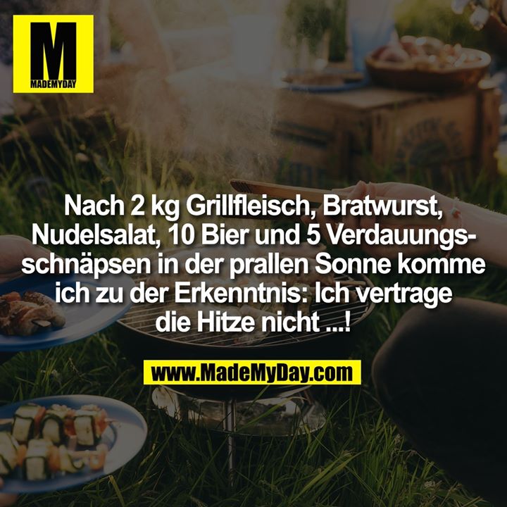 Nach 2 kg Grillfleisch, Bratwurst, Nudelsalat, 10 Bier und 5 Verdauungsschnäpsen in der prallen Sonne komme ich zu der Erkenntnis: Ich vertrage die Hitze nicht...!