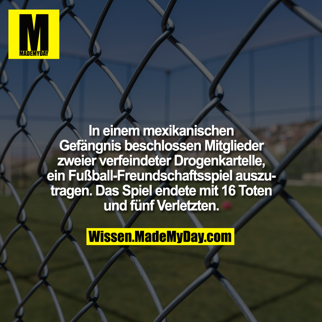In einem mexikanischen Gefängnis beschlossen Mitglieder zweier verfeindeter Drogenkartelle, ein Fußball-Freundschaftsspiel auszutragen. Das Spiel endete mit 16 Toten und fünf Verletzten.