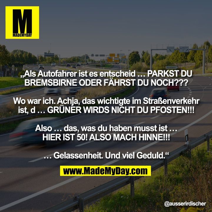 „Als Autofahrer ist es entscheid … PARKST DU<br />
BREMSBIRNE ODER FÄHRST DU NOCH???<br />
<br />
Wo war ich. Achja, das wichtigte im Straßenverkehr<br />
ist, d … GRÜNER WIRDS NICHT DU PFOSTEN!!!<br />
<br />
Also … das, was du haben musst ist …<br />
HIER IST 50! ALSO MACH HINNE!!!<br />
<br />
… Gelassenheit. Und viel Geduld.“