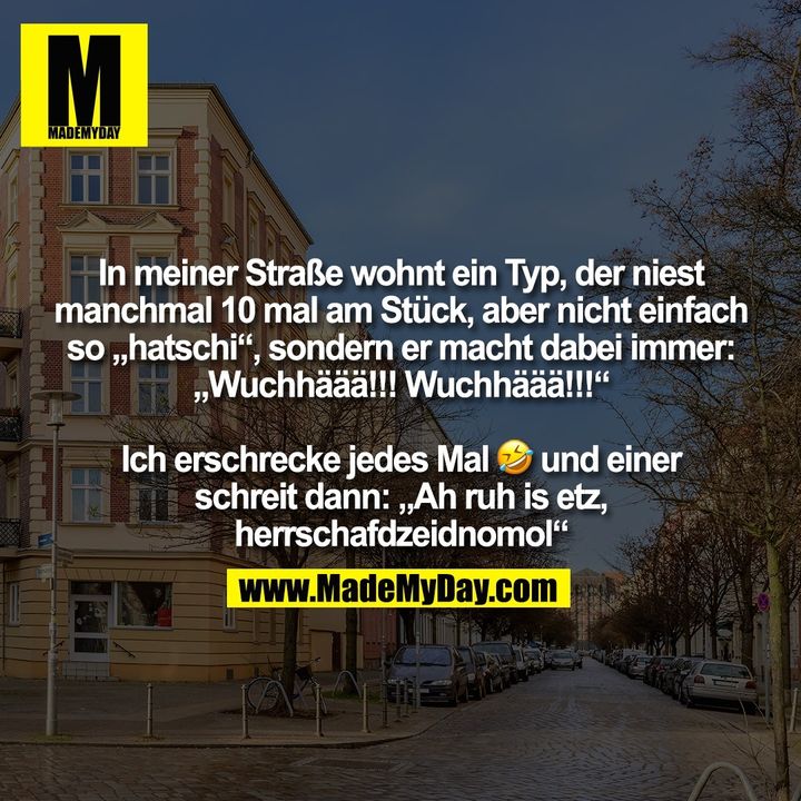 In meiner Straße wohnt ein Typ, der niest<br />
manchmal 10 mal am Stück, aber nicht einfach<br />
so „hatschi“, sondern er macht dabei immer:<br />
„Wuchhäää!!! Wuchhäää!!!“<br />
<br />
Ich erschrecke jedes Mal �    und einer<br />
schreit dann: „Ah ruh is etz,<br />
herrschafdzeidnomol“