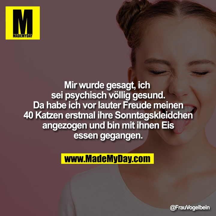 Mir wurde gesagt, ich sei psychisch völlig gesund. Da habe ich vor lauter Freude meinen 40 Katzen erstmal ihre Sonntagskleidchen angezogen und bin mit ihnen Eis essen gegangen.