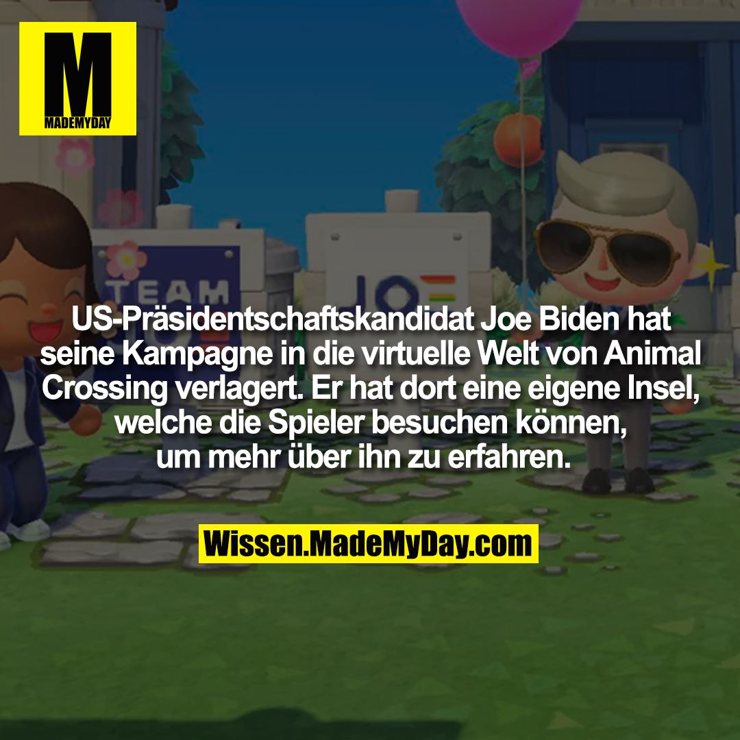 US-Präsidentschaftskandidat Joe Biden hat seine Kampagne in die virtuelle Welt von Animal Crossing verlagert. Er hat dort eine eigene Insel, welche die Spieler besuchen können, um mehr über ihn zu erfahren.