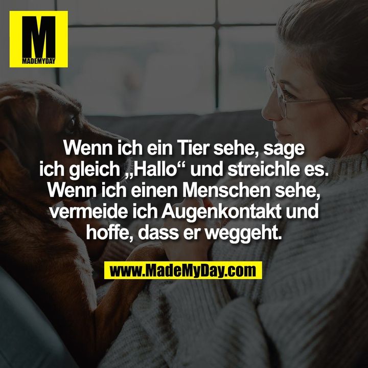Wenn ich ein Tier sehe, sage ich gleich „Hallo“ und streichle es. Wenn ich einen Menschen sehe, vermeide ich Augenkontakt und hoffe, dass er weggeht.