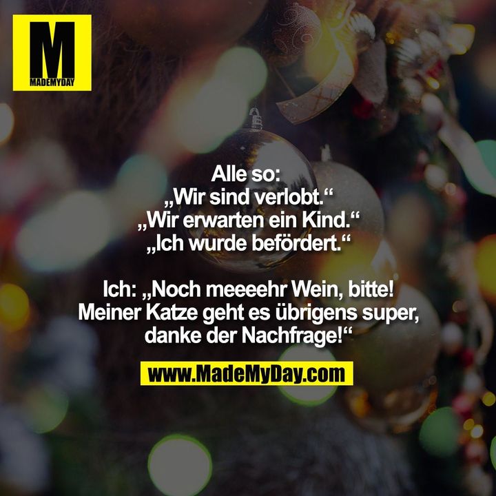 Alle so: „Wir sind verlobt.“ „Wir erwarten ein Kind.“ „Ich wurde befördert.“ Ich: „Noch meeeehr Wein, bitte! Meiner Katze geht es übrigens super, danke der Nachfrage!“