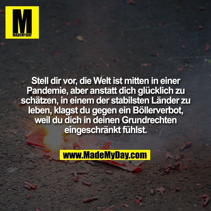 Stell dir vor, die Welt ist mitten in einer Pandemie, aber anstatt dich glücklich zu schätzen, in einem der stabilsten Länder zu leben, klagst du gegen ein Böllerverbot, weil du dich in deinen Grundrechten eingeschränkt fühlst.