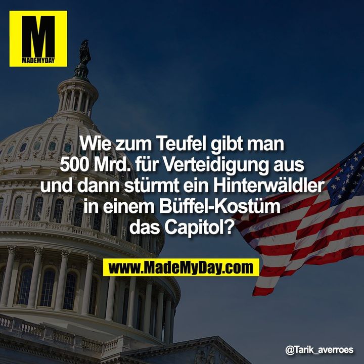 Wie zum Teufel gibt man<br />
500 Mrd. für Verteidigung aus<br />
und dann stürmt ein Hinterwäldler<br />
in einem Büffel-Kostüm<br />
das Capitol?