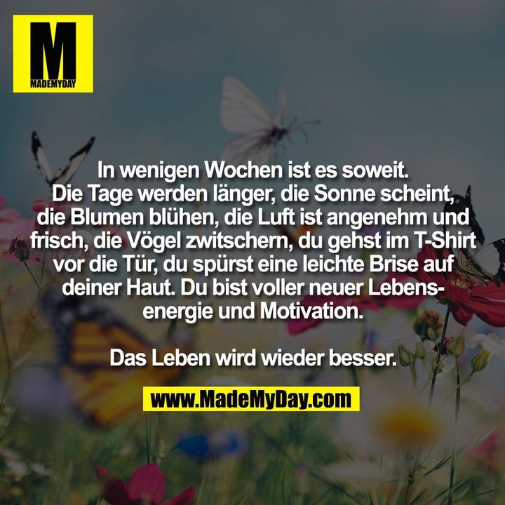 In wenigen Wochen ist es soweit.<br />
Die Tage werden länger, die Sonne scheint,<br />
die Blumen blühen, die Luft ist angenehm und<br />
frisch, die Vögel zwitschern, du gehst im T-Shirt<br />
vor die Tür, du spürst eine leichte Brise auf<br />
deiner Haut. Du bist voller neuer Lebens-<br />
energie und Motivation.<br />
<br />
Das Leben wird wieder besser.