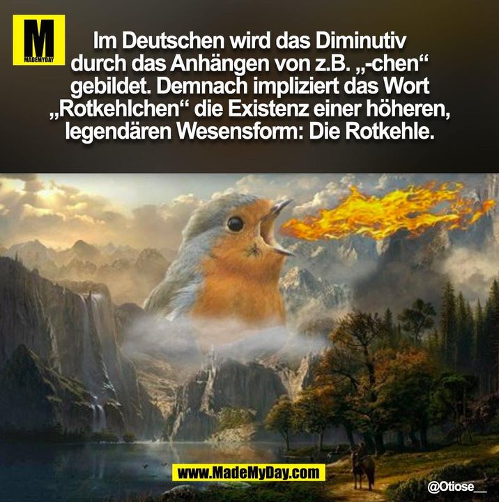 Im Deutschen wird das Diminutiv<br />
durch das Anhängen von z.B. „-chen“<br />
gebildet. Demnach impliziert das Wort<br />
„Rotkehlchen“ die Existenz einer höheren,<br />
legendären Wesensform: Die Rotkehle. @Otiose__<br />
(BILD)