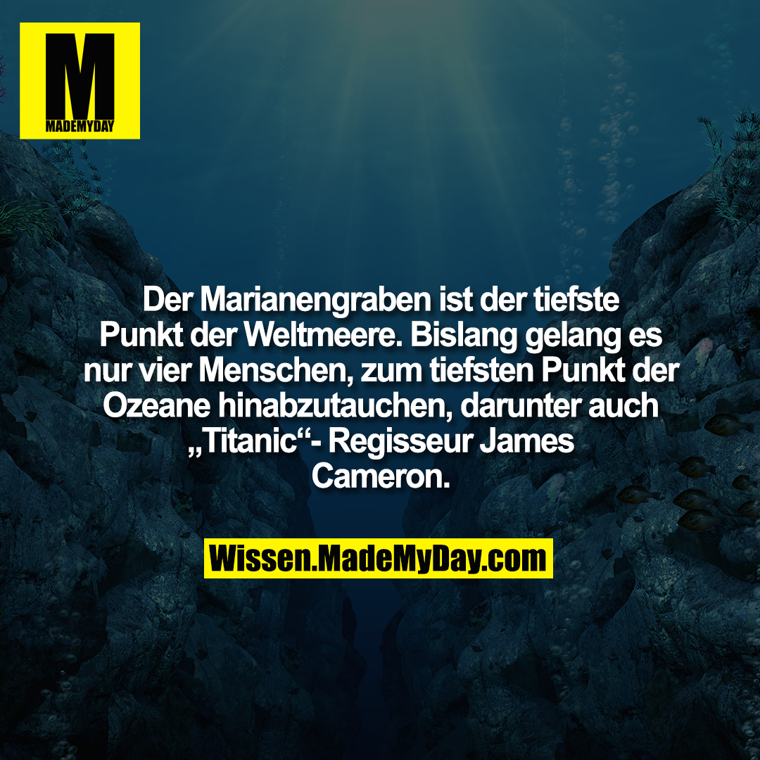 Der Marianengraben ist der tiefste Punkt der Weltmeere. Bislang gelang es nur vier Menschen, zum tiefsten Punkt der Ozeane hinabzutauchen, darunter auch „Titanic“-Regisseur James Cameron.