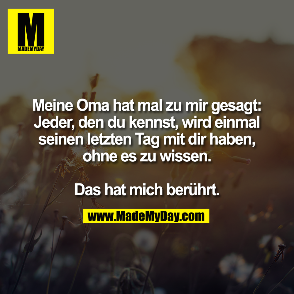 Meine Oma hat mal zu mir gesagt:<br />
Jeder, den du kennst, wird einmal<br />
seinen letzten Tag mit dir haben,<br />
ohne es zu wissen.<br />
<br />
Das hat mich berührt.