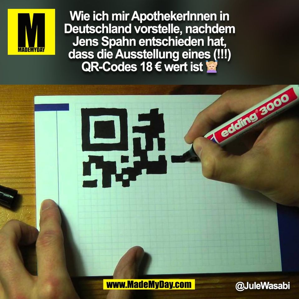 Wie ich mir ApothekerInnen in<br />
Deutschland vorstelle, nachdem<br />
Jens Spahn entschieden hat,<br />
dass die Ausstellung eines (!!!)<br />
QR-Codes 18 € wert ist 💆🏻‍♀️ @JuleWasabi<br />
 (BILD)