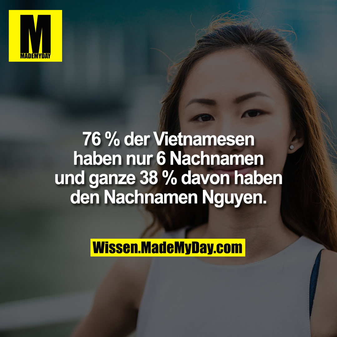 76 % der Vietnamesen haben nur 6 Nachnamen und ganze 38 % davon haben den Nachnamen Nguyen.