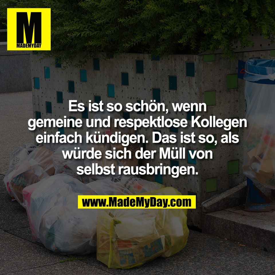 Es ist so schön, wenn<br />
gemeine und respektlose Kollegen<br />
einfach kündigen. Das ist so, als<br />
würde sich der Müll von<br />
selbst rausbringen.