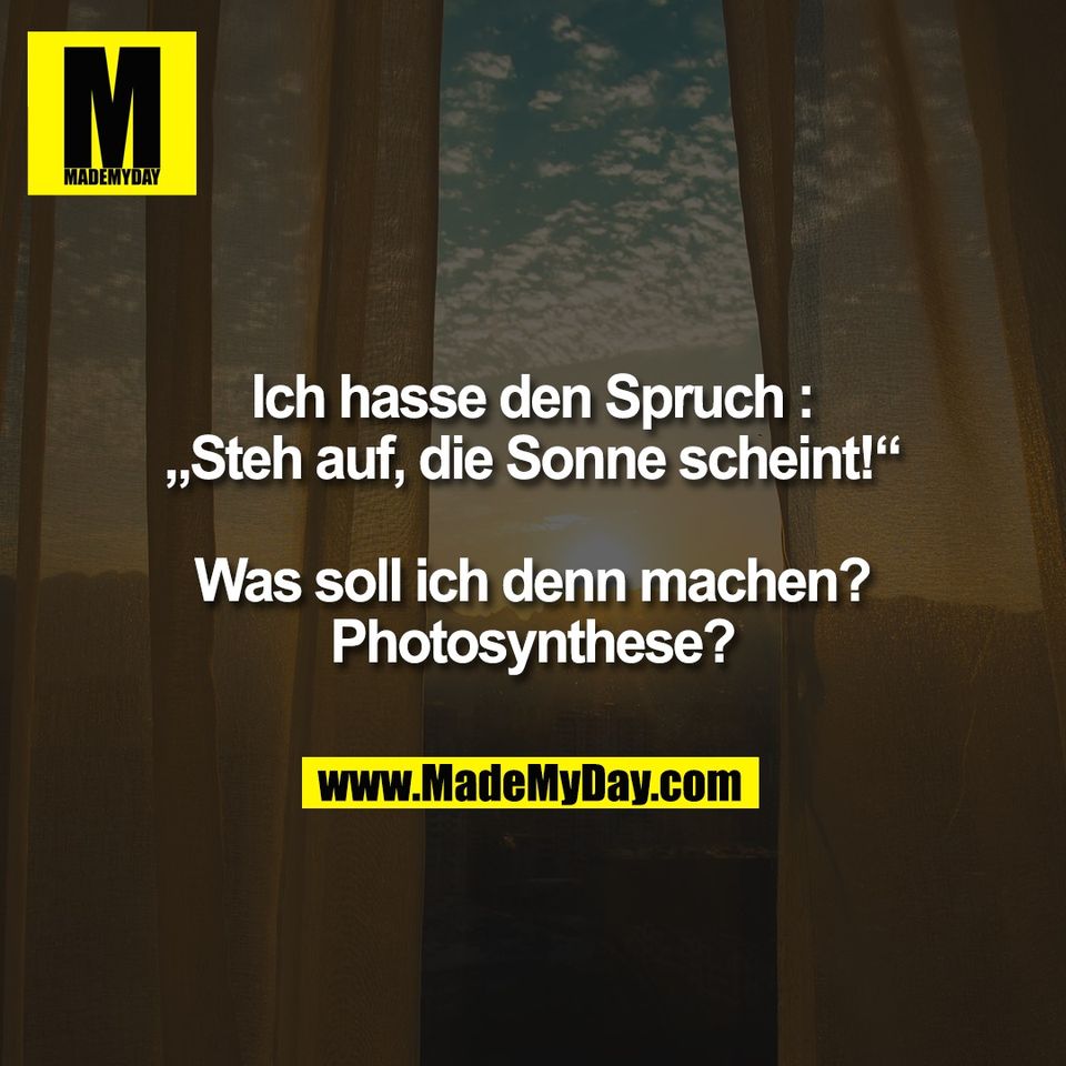Ich hasse den Spruch :<br />
„Steh auf, die Sonne scheint!“<br />
<br />
Was soll ich denn machen?<br />
Photosynthese?