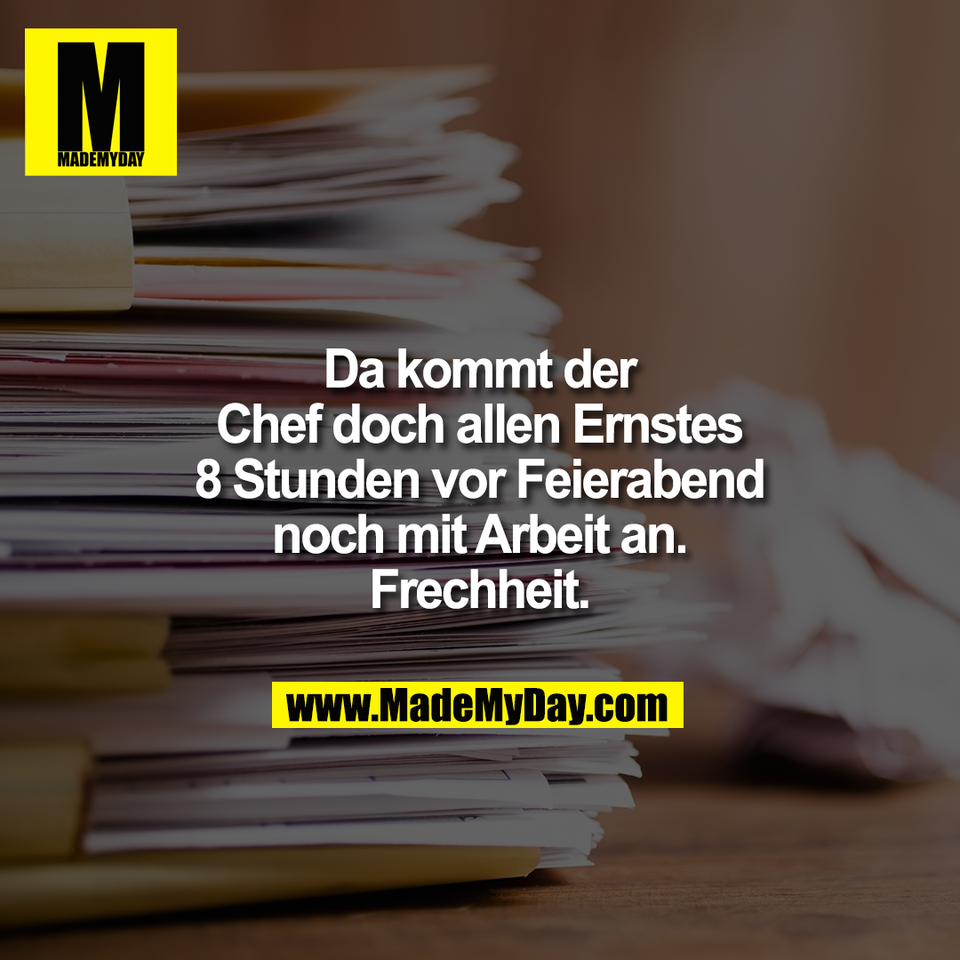 Da kommt der<br />
Chef doch allen Ernstes<br />
8 Stunden vor Feierabend<br />
noch mit Arbeit an.<br />
Frechheit.