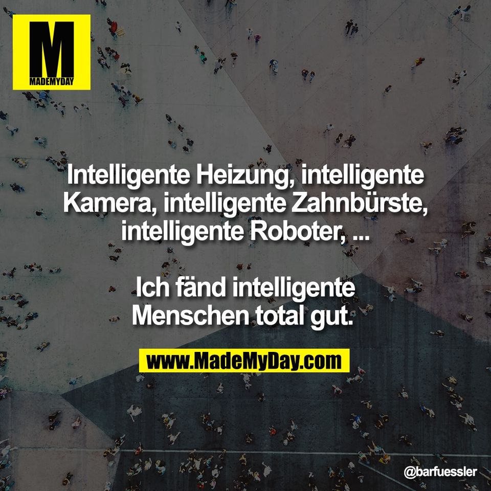 Intelligente Heizung, intelligente<br />
Kamera, intelligente Zahnbürste,<br />
intelligente Roboter, ...<br />
<br />
Ich fänd intelligente<br />
Menschen total gut.