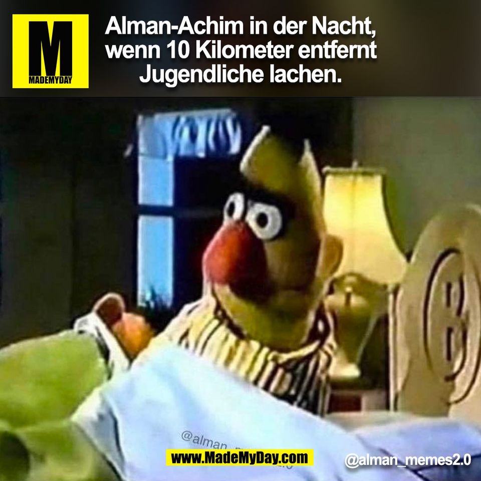 Alman-Achim in der Nacht,<br />
wenn 10 Kilometer entfernt<br />
Jugendliche lachen.<br />
@alman_memes2.0<br />
(BILD)