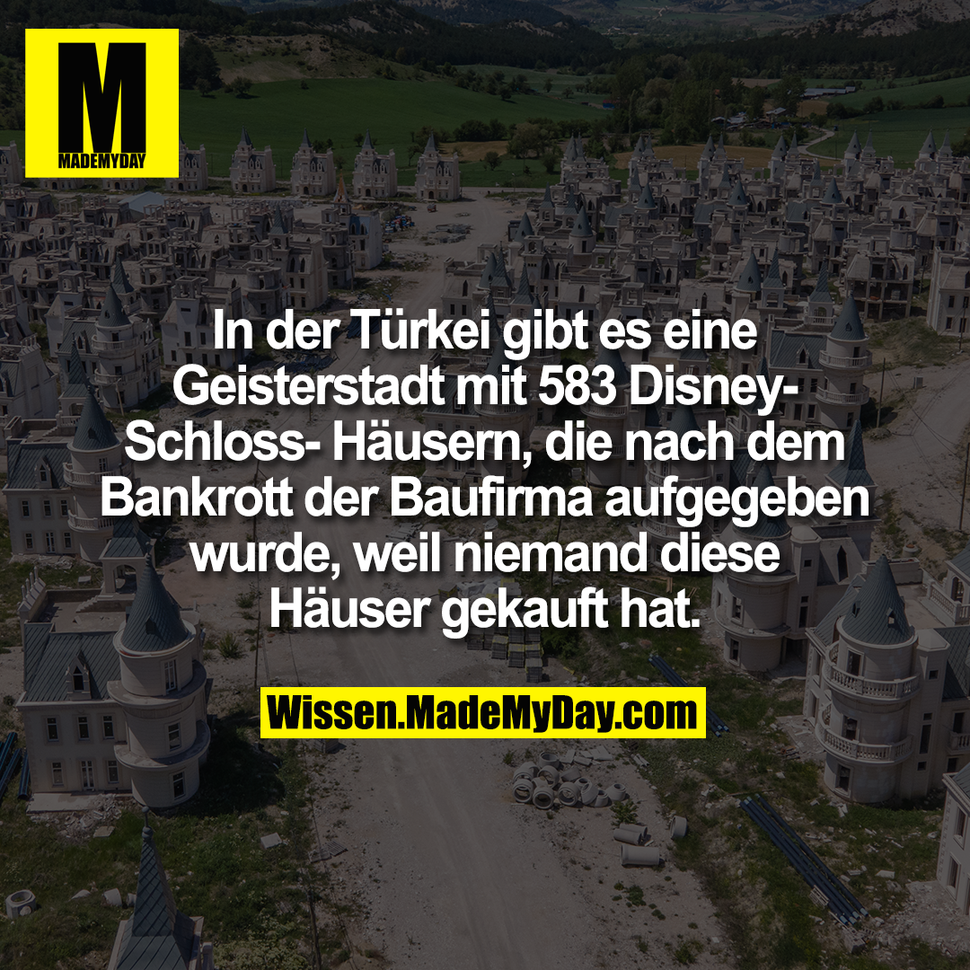 In der Türkei gibt es eine Geisterstadt mit 583 Disney-Schloss-Häusern, die nach dem Bankrott der Baufirma aufgegeben wurde, weil niemand diese Häuser gekauft hat.