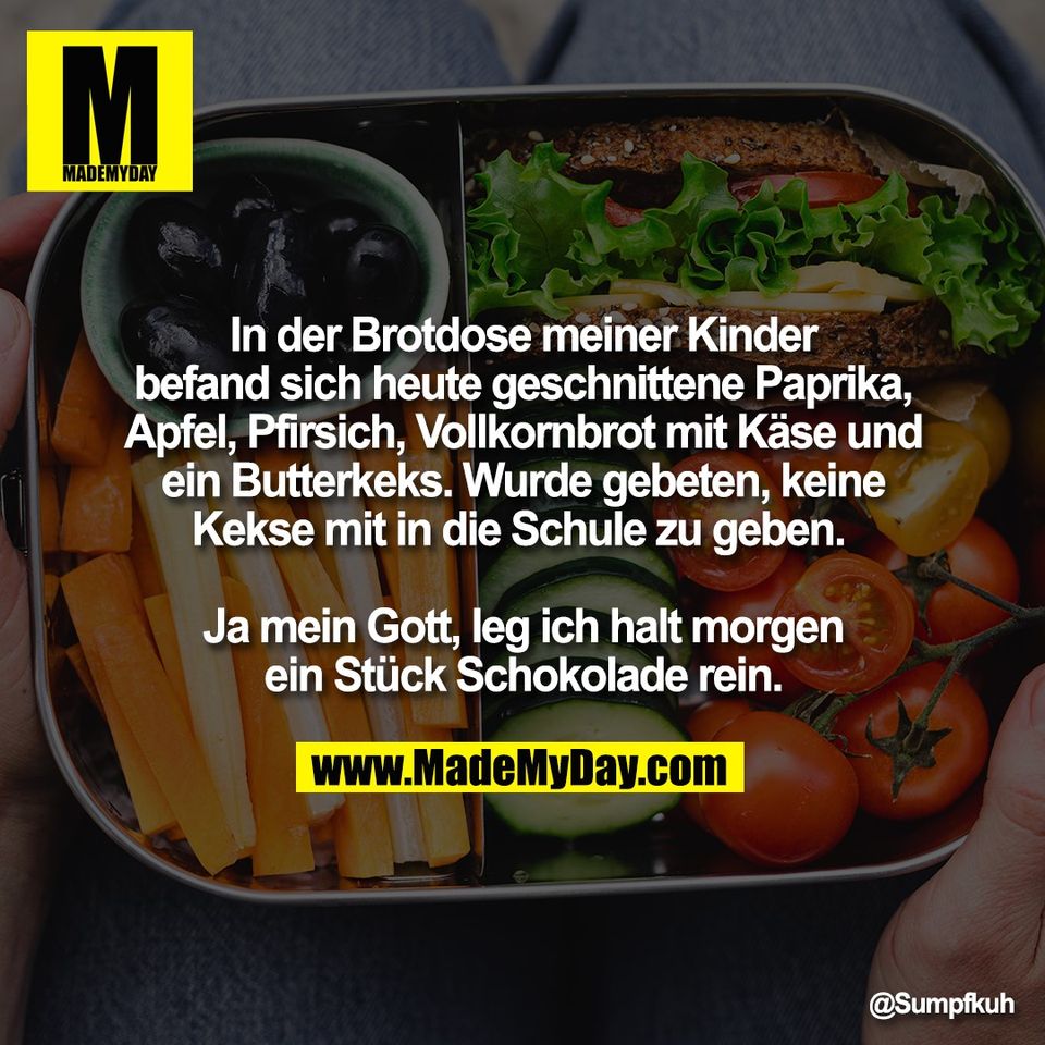 In der Brotdose meiner Kinder<br />
befand sich heute geschnittene Paprika,<br />
Apfel, Pfirsich, Vollkornbrot mit Käse und<br />
ein Butterkeks. Wurde gebeten, keine<br />
Kekse mit in die Schule zu geben. <br />
<br />
Ja mein Gott, leg ich halt morgen<br />
ein Stück Schokolade rein.