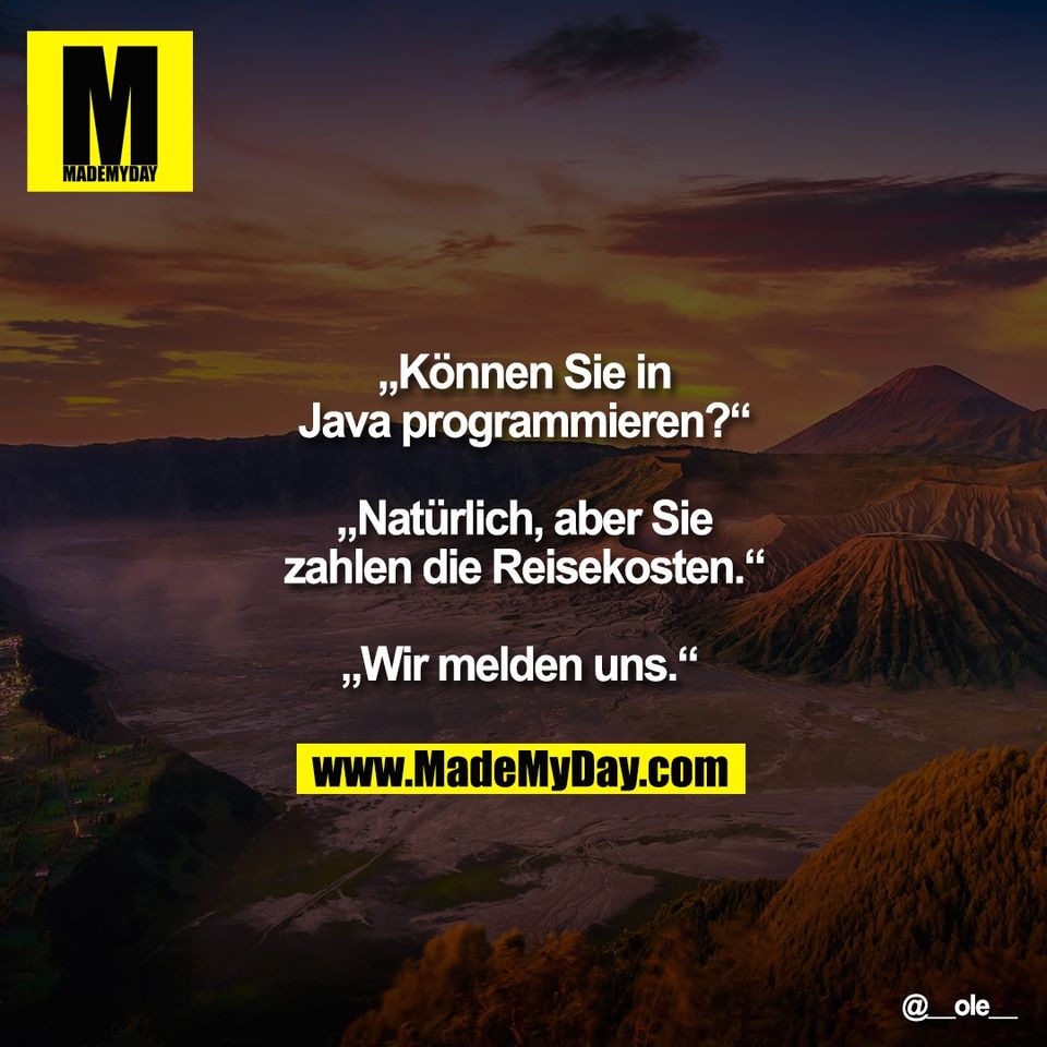 „Können Sie in<br />
Java programmieren?“<br />
<br />
„Natürlich, aber Sie<br />
zahlen die Reisekosten.“<br />
<br />
„Wir melden uns.“