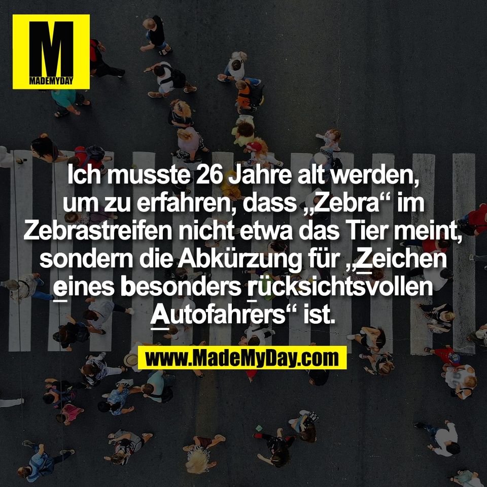 Ich musste 26 Jahre alt werden,<br />
um zu erfahren, dass „Zebra“ im<br />
Zebrastreifen nicht etwa das Tier meint,<br />
sondern die Abkürzung für „Zeichen<br />
eines besonders rücksichtsvollen<br />
Autofahrers“ ist.