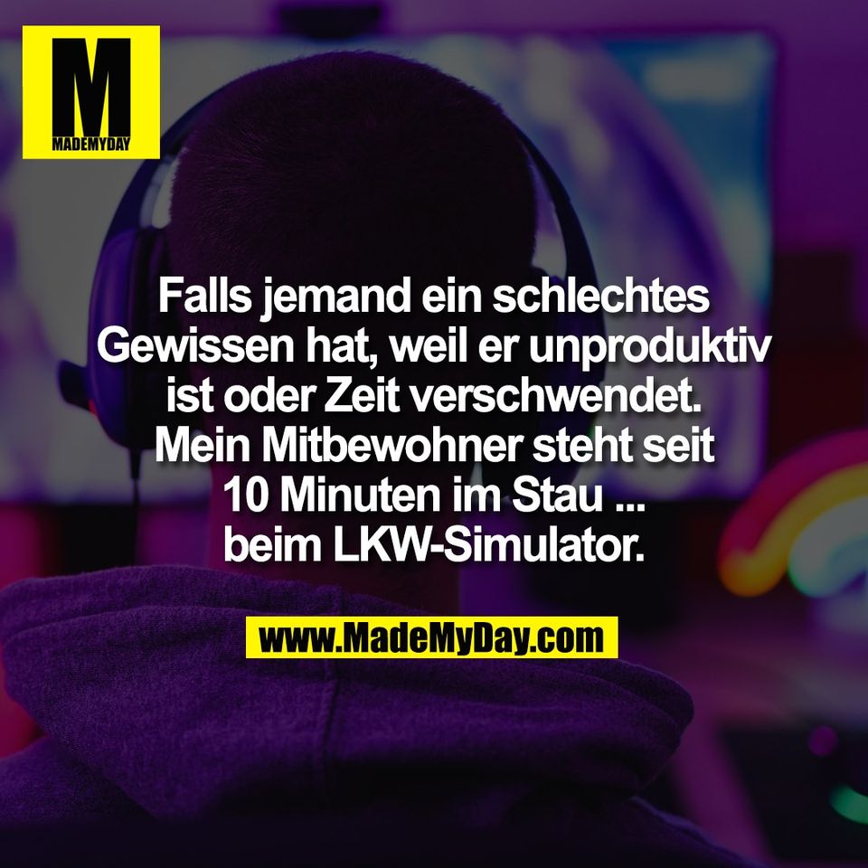 Falls jemand ein schlechtes<br />
Gewissen hat, weil er unproduktiv<br />
ist oder Zeit verschwendet.<br />
Mein Mitbewohner steht seit<br />
10 Minuten im Stau ...<br />
beim LKW-Simulator.