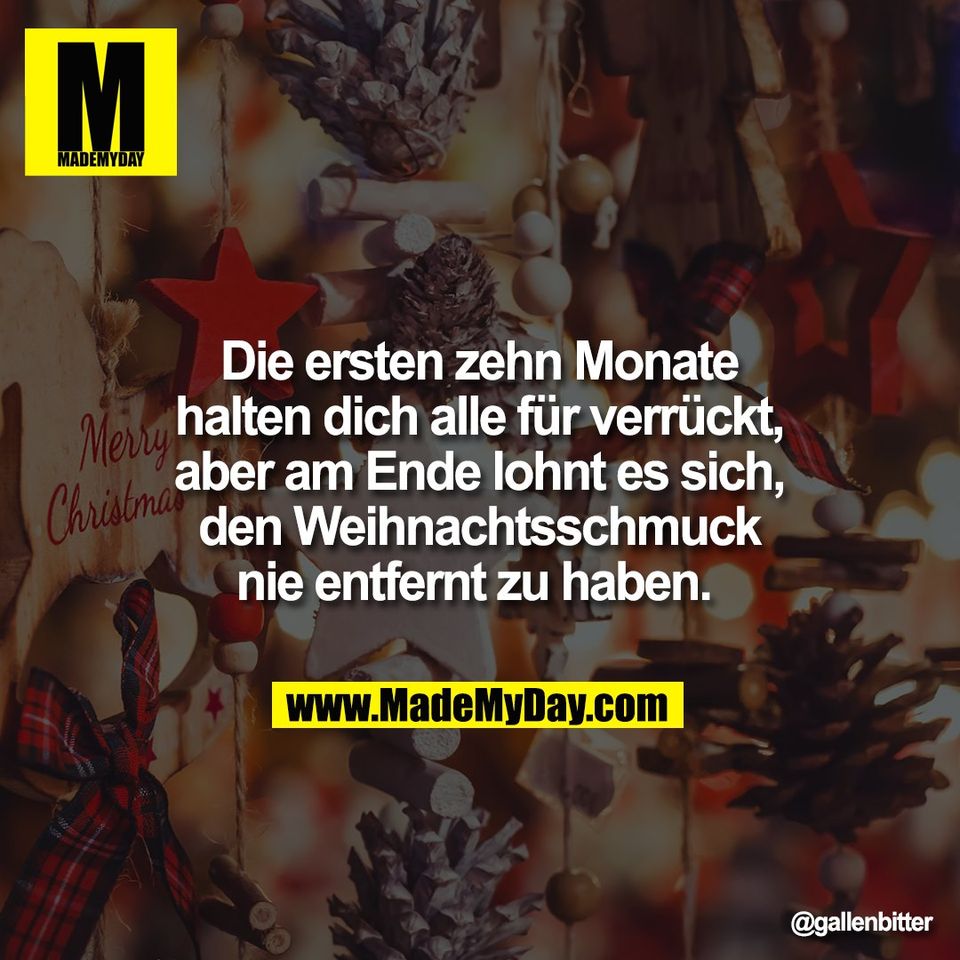 Die ersten zehn Monate<br />
halten dich alle für verrückt,<br />
aber am Ende lohnt es sich,<br />
den Weihnachtsschmuck<br />
nie entfernt zu haben.